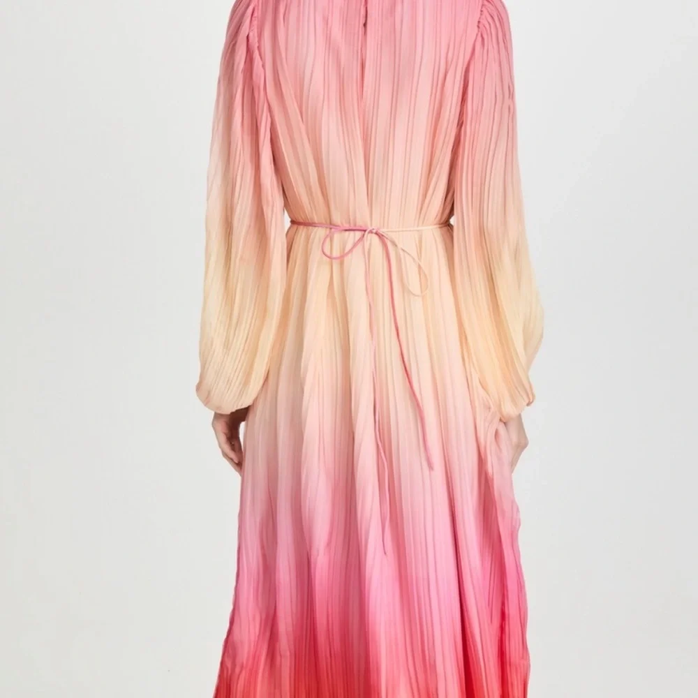 New Something Navy Maxi Dress Pleated Tie Waist Long Sleeve pink combo ombré M - Picture 2 of 15